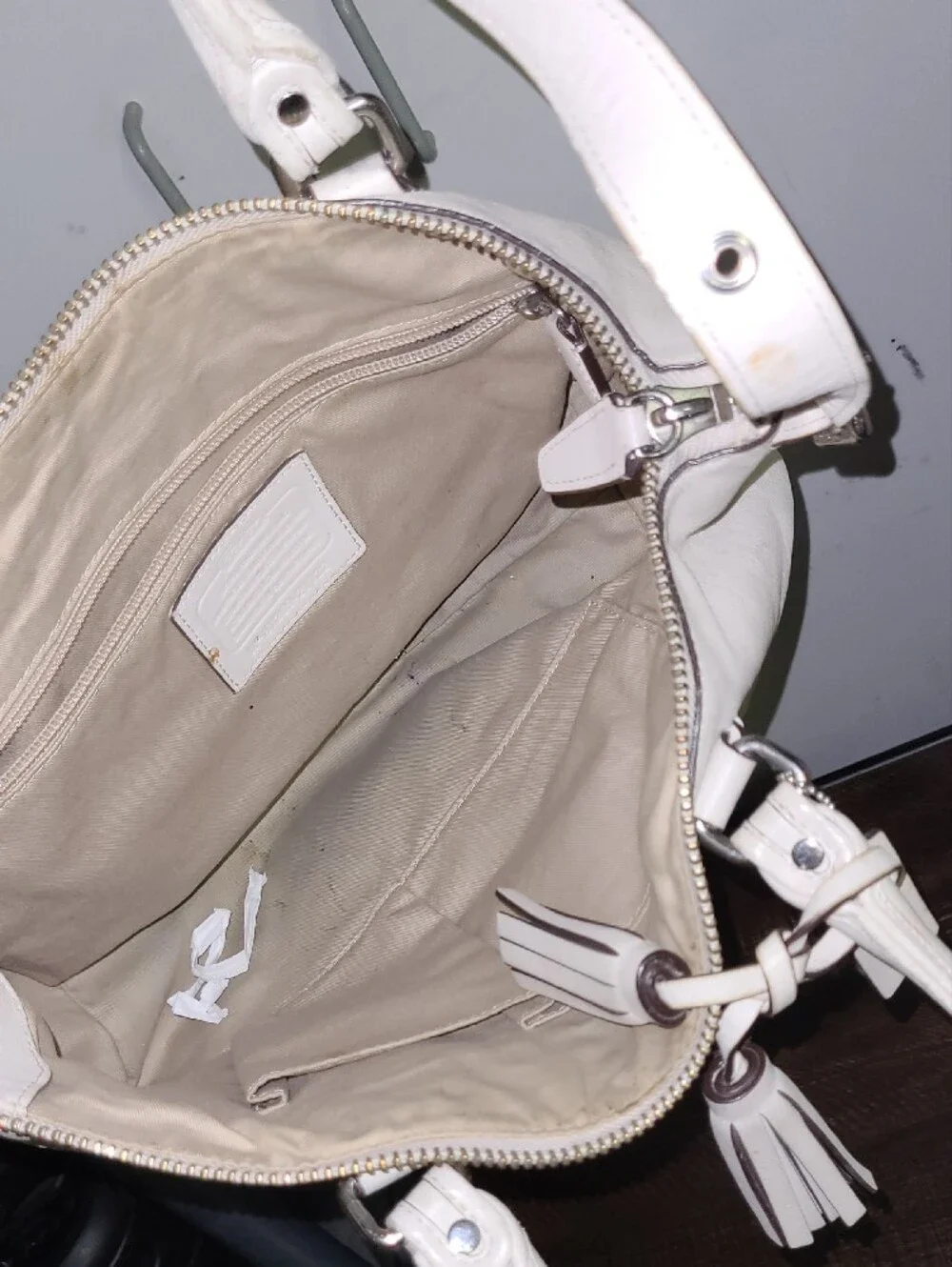 Coach Hamptons  Cream Leather Tote Bag with Tassel Accent